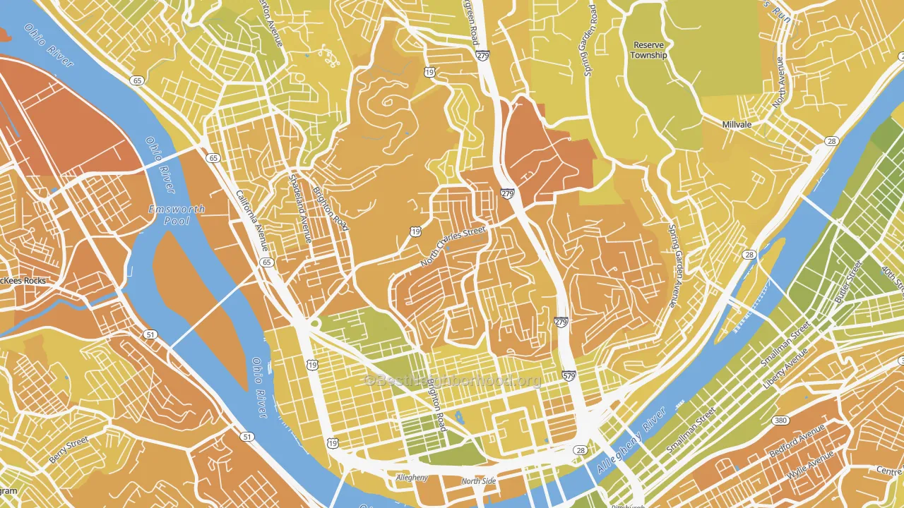 Map of the best neighborhoods in the Perry South, Pittsburgh area, with better matches in green and worse matches in red