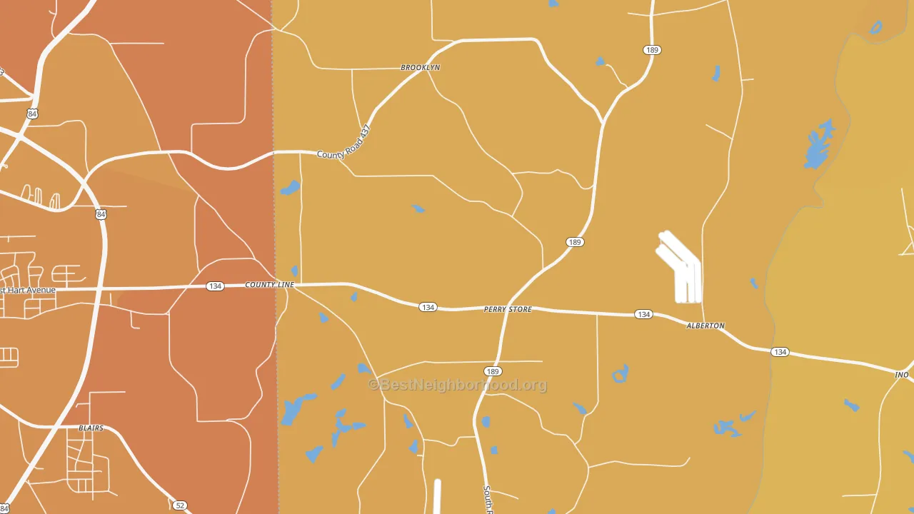 Map of the best neighborhoods in the Perry Store area, with better matches in green and worse matches in red