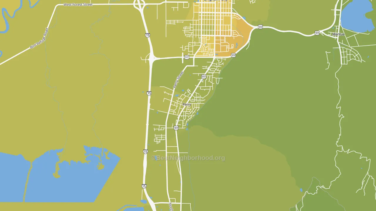 Map of the best neighborhoods in the Perry area, with better matches in green and worse matches in red