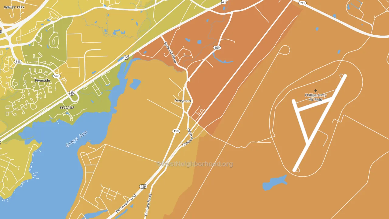 Map of the best neighborhoods in the Perryman area, with better matches in green and worse matches in red