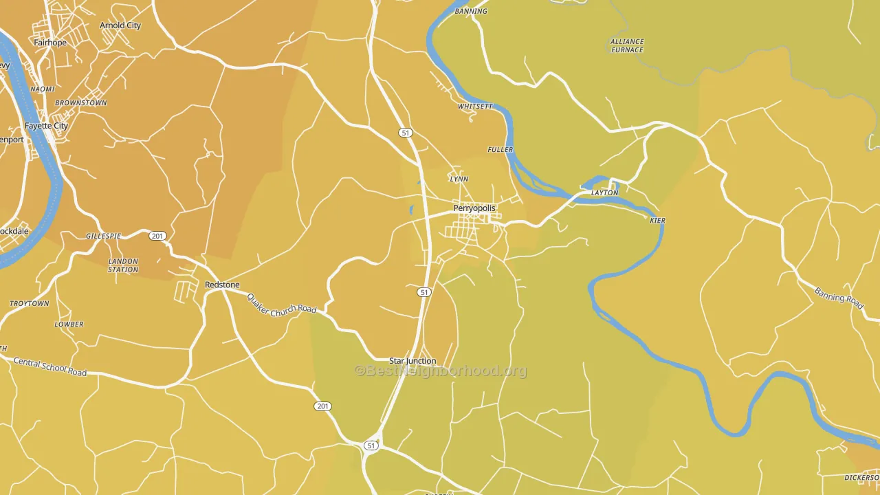 Map of the best neighborhoods in the Perryopolis area, with better matches in green and worse matches in red