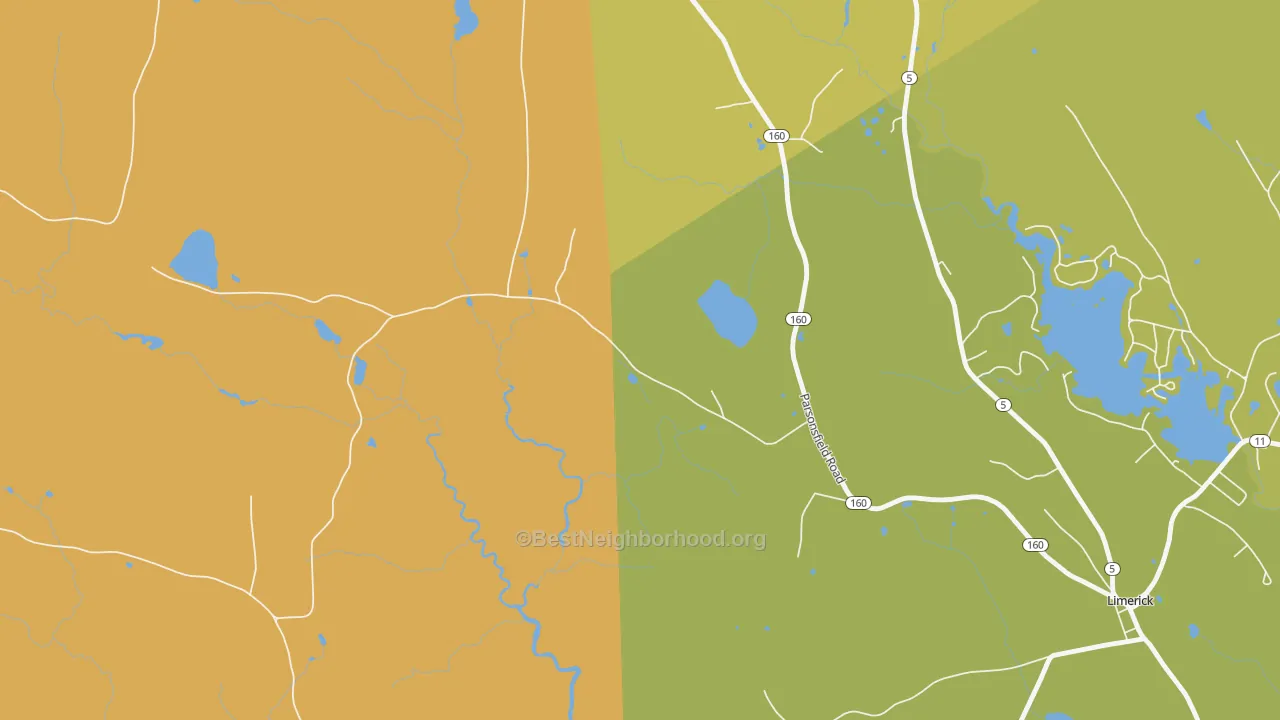 Map of the best neighborhoods in the Perrys Corner area, with better matches in green and worse matches in red