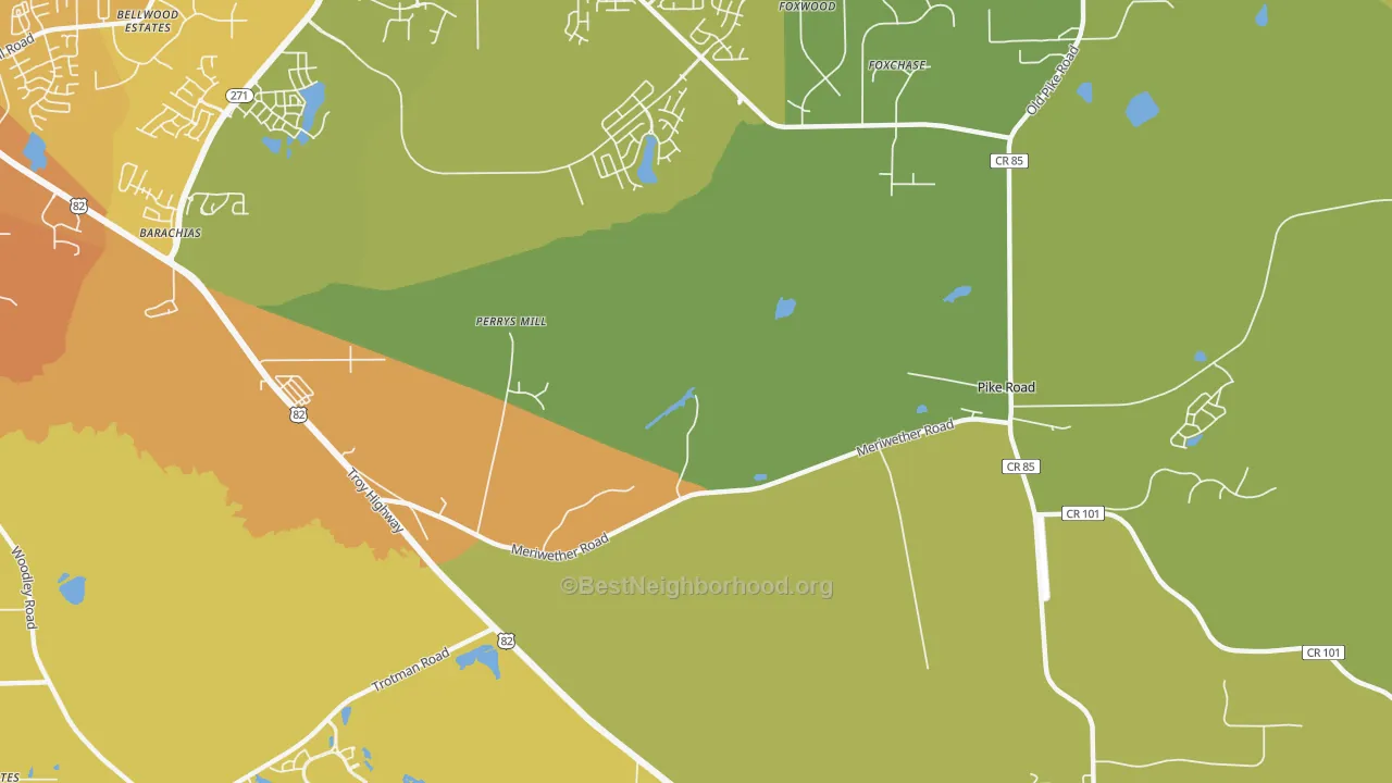 Map of the best neighborhoods in the Perrys Mill area, with better matches in green and worse matches in red
