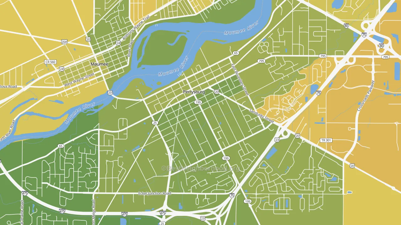 Map of the best neighborhoods in the Perrysburg Historic District, Perrysburg area, with better matches in green and worse matches in red