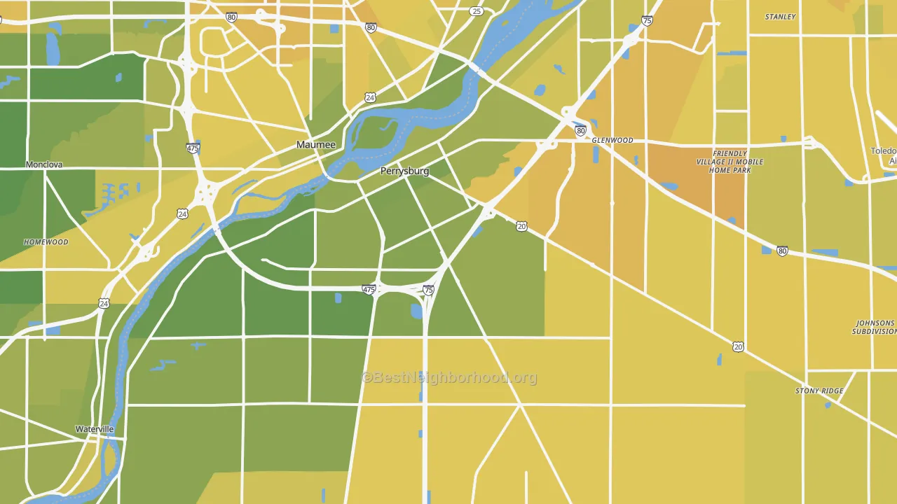 Map of the best neighborhoods in the Perrysburg area, with better matches in green and worse matches in red