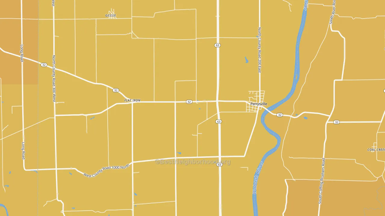 Map of the best neighborhoods in the Perrysville area, with better matches in green and worse matches in red