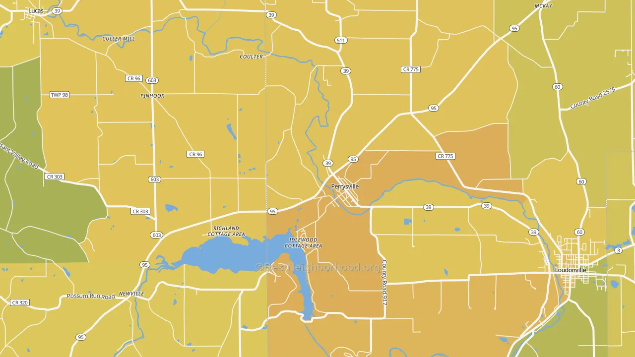 Map of the best neighborhoods in the Perrysville area, with better matches in green and worse matches in red