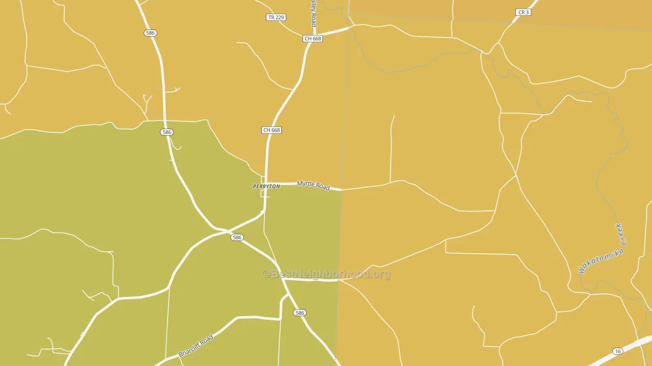 Map of the best neighborhoods in the Perryton area, with better matches in green and worse matches in red
