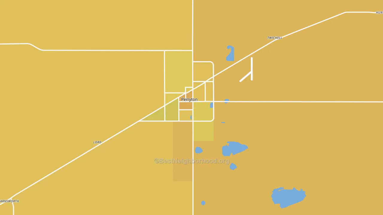 Map of the best neighborhoods in the Perryton area, with better matches in green and worse matches in red