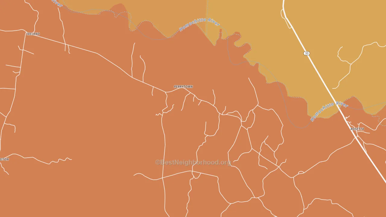 Map of the best neighborhoods in the Perrytown area, with better matches in green and worse matches in red