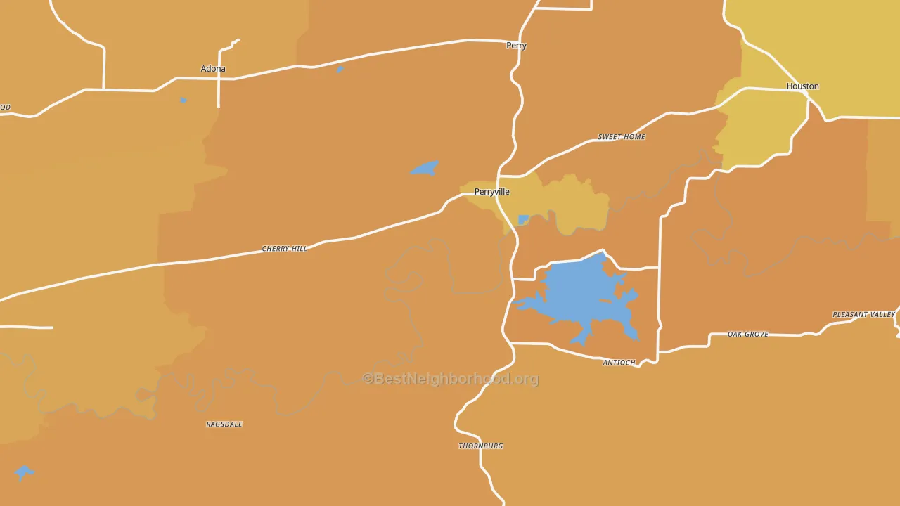 Map of the best neighborhoods in the Perryville area, with better matches in green and worse matches in red