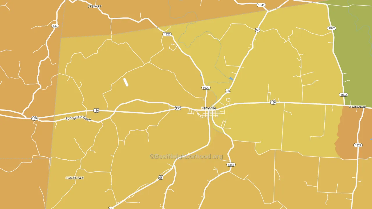 Map of the best neighborhoods in the Perryville area, with better matches in green and worse matches in red