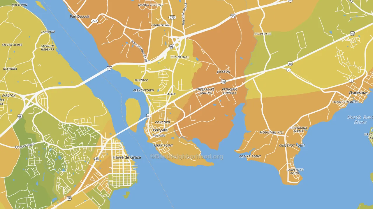 Map of the best neighborhoods in the Perryville area, with better matches in green and worse matches in red