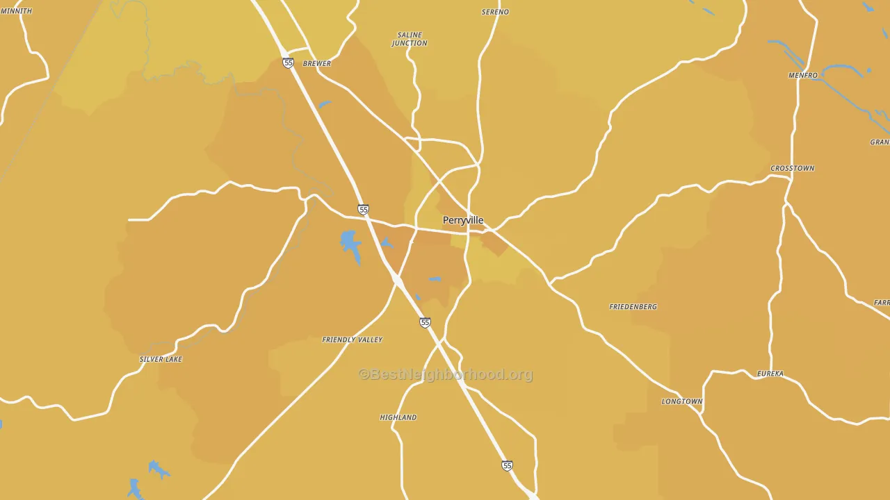 Map of the best neighborhoods in the Perryville area, with better matches in green and worse matches in red