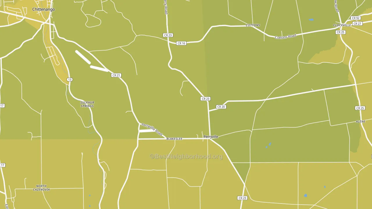 Map of the best neighborhoods in the Perryville area, with better matches in green and worse matches in red