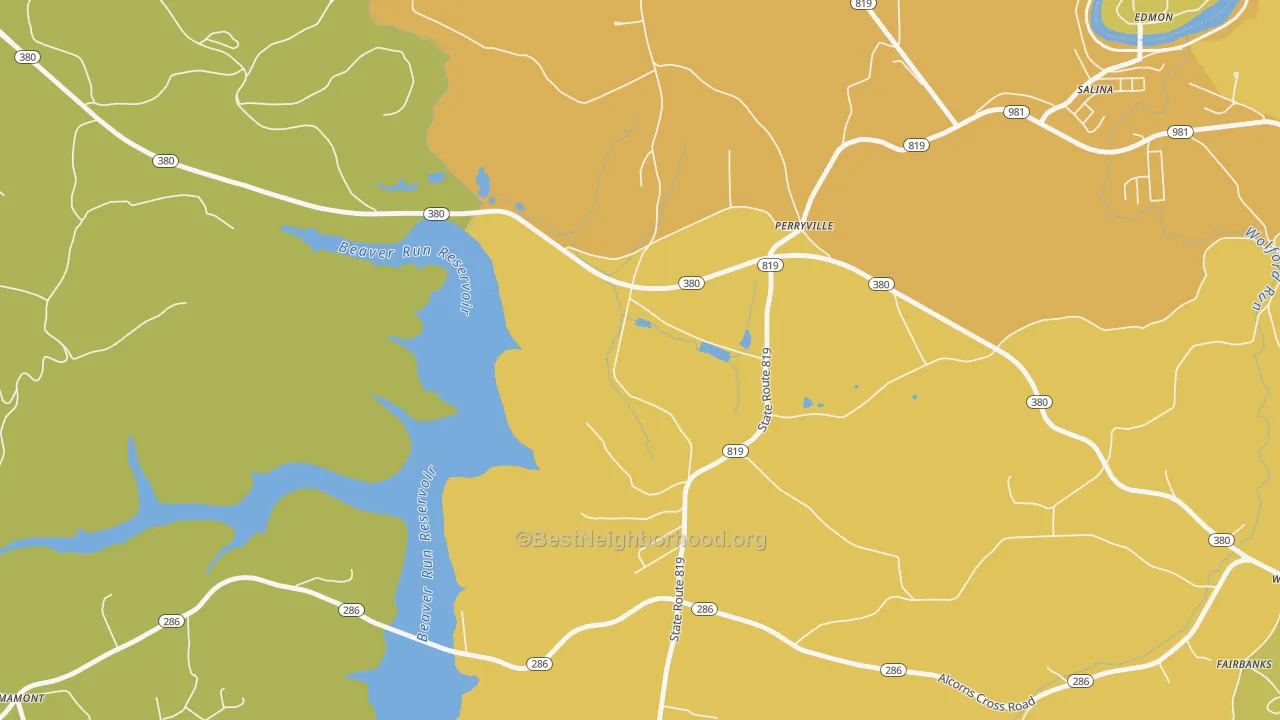 Map of the best neighborhoods in the Perryville area, with better matches in green and worse matches in red