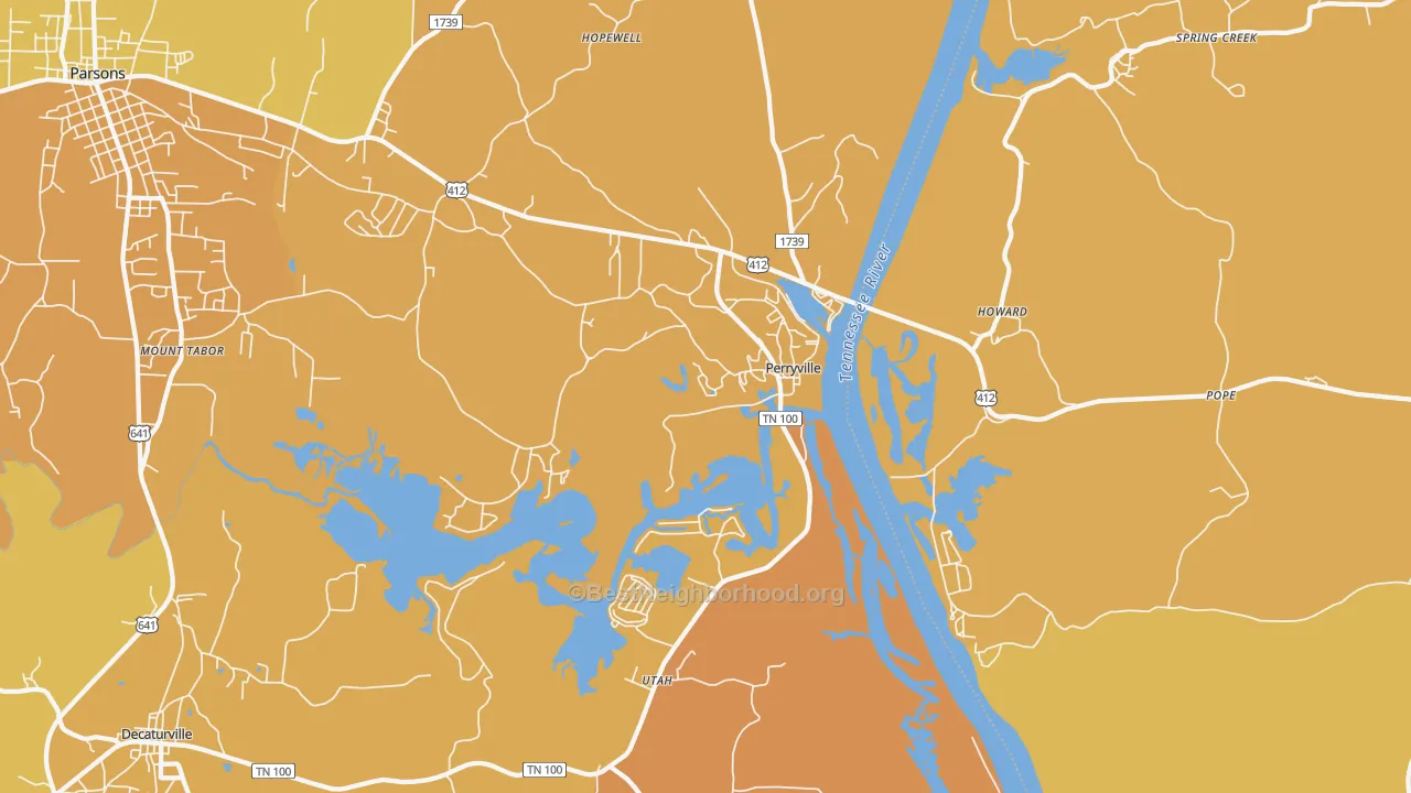 Map of the best neighborhoods in the Perryville area, with better matches in green and worse matches in red