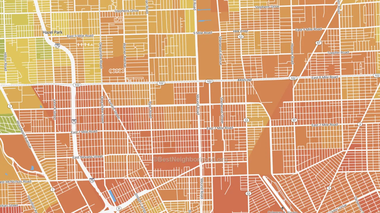 Map of the best neighborhoods in the Pershing, Detroit area, with better matches in green and worse matches in red