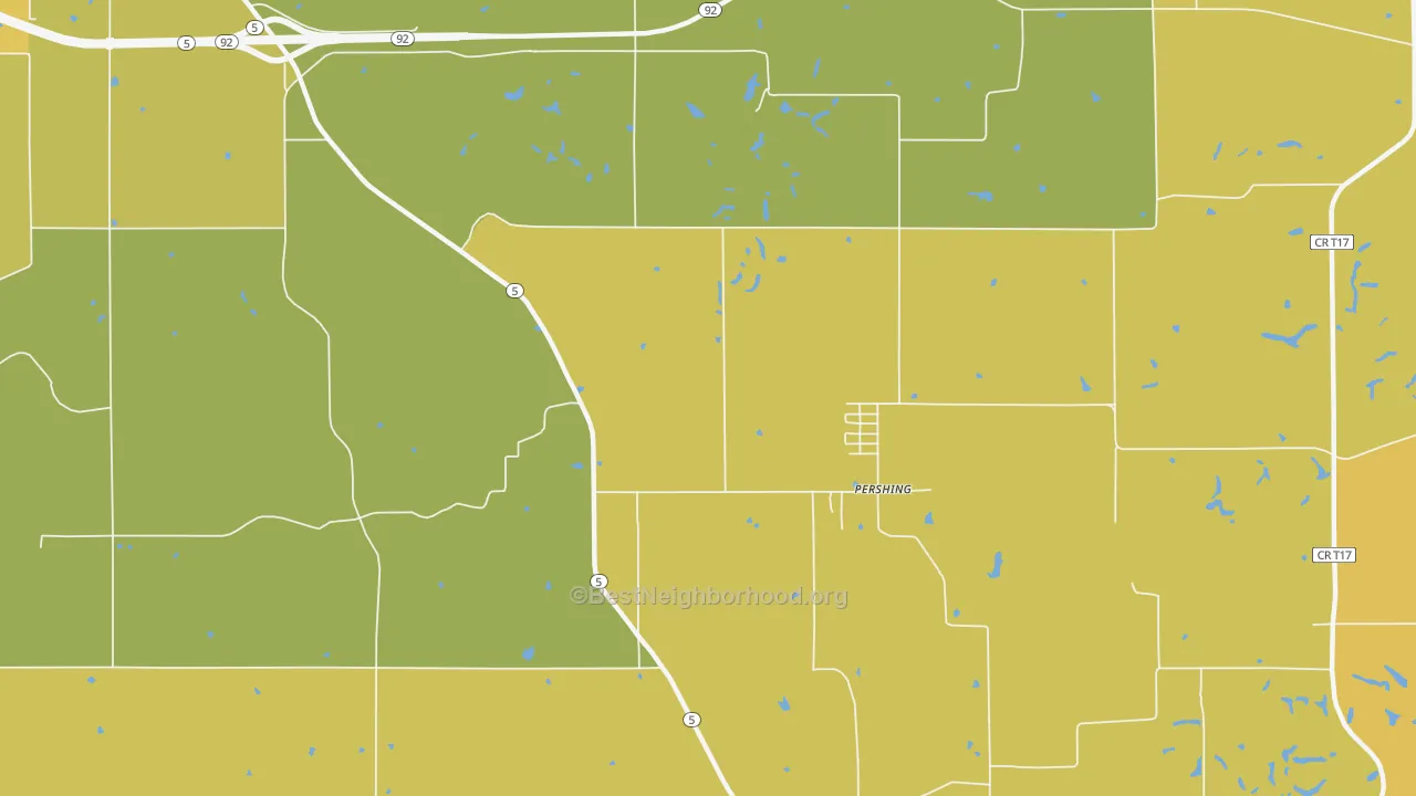 Map of the best neighborhoods in the Pershing area, with better matches in green and worse matches in red