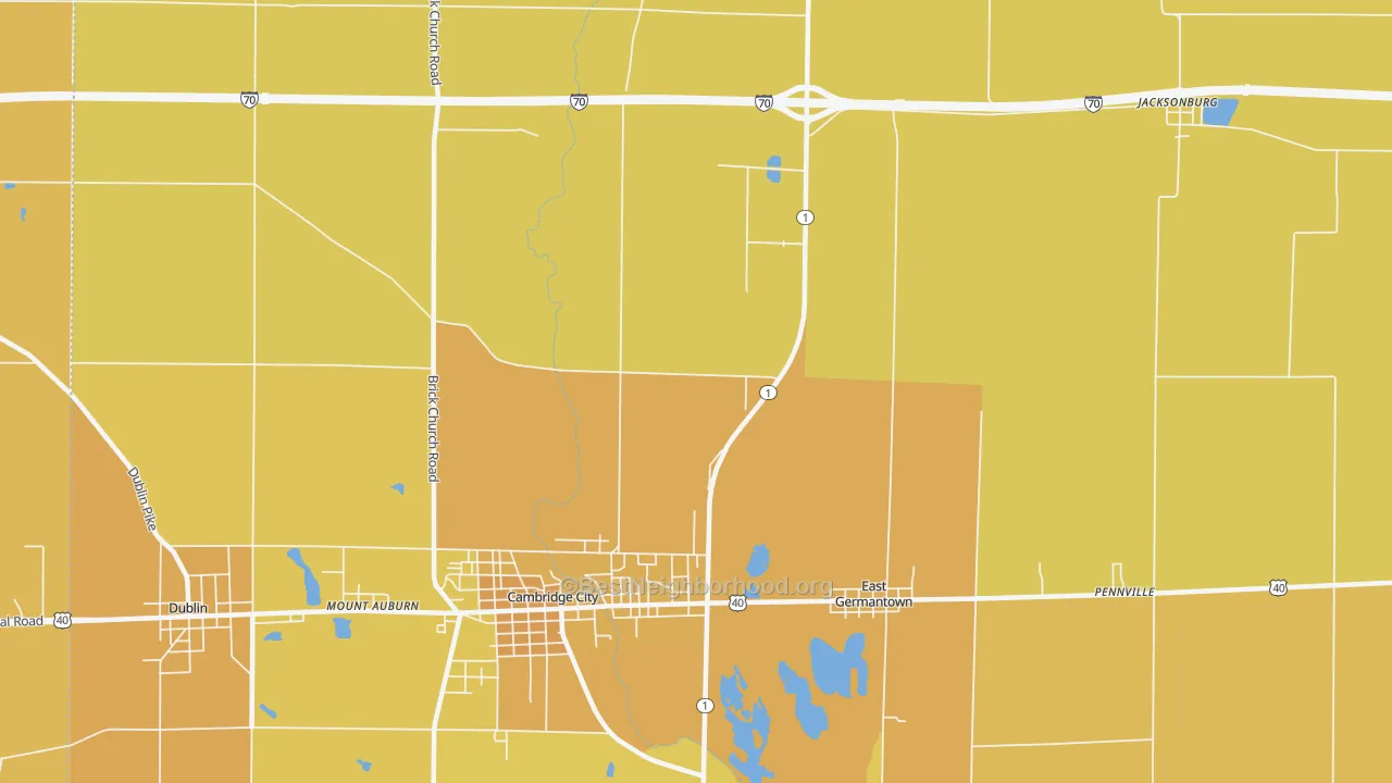 Map of the best neighborhoods in the Pershing area, with better matches in green and worse matches in red