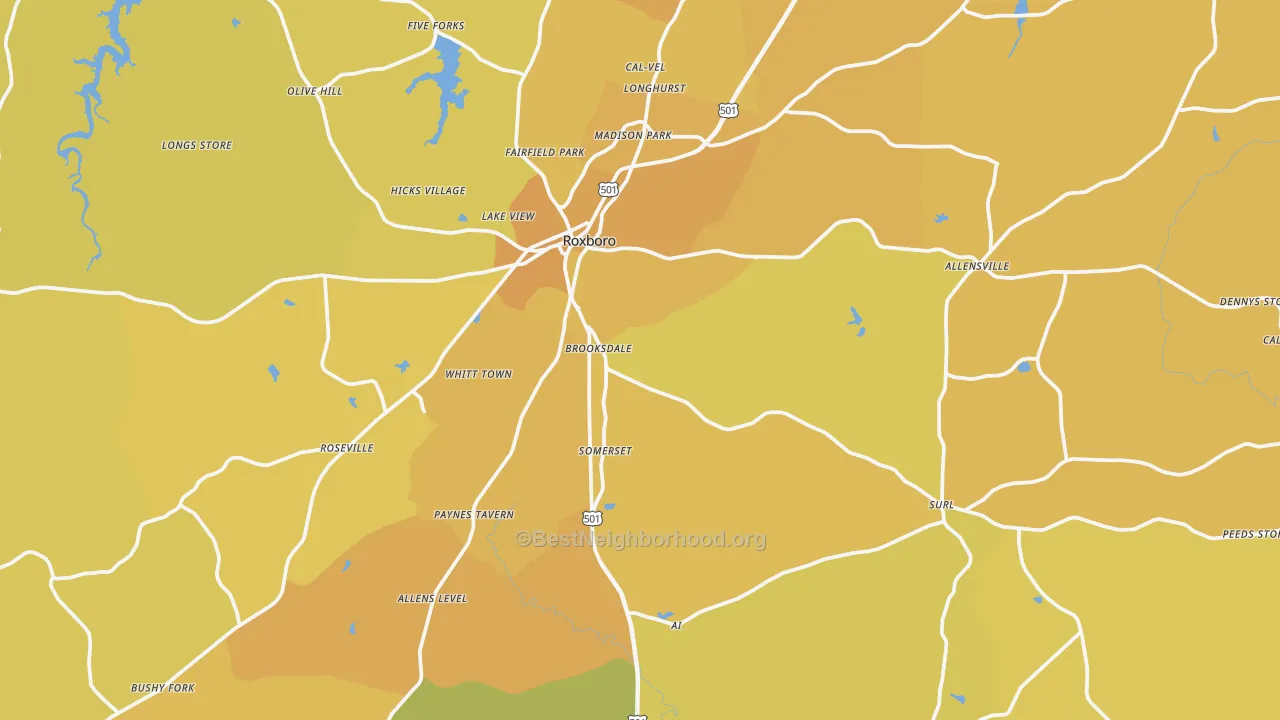 Map of the best neighborhoods in the Person County area, with better matches in green and worse matches in red