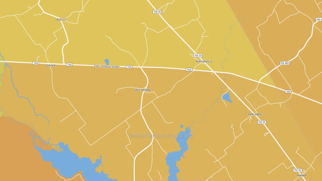 Map of the best neighborhoods in the Personville area, with better matches in green and worse matches in red