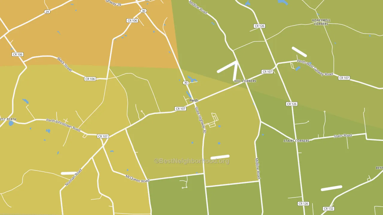 Map of the best neighborhoods in the Perth area, with better matches in green and worse matches in red