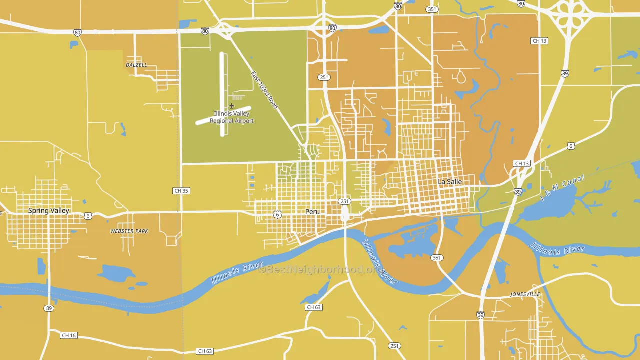 Map of the best neighborhoods in the Peru area, with better matches in green and worse matches in red