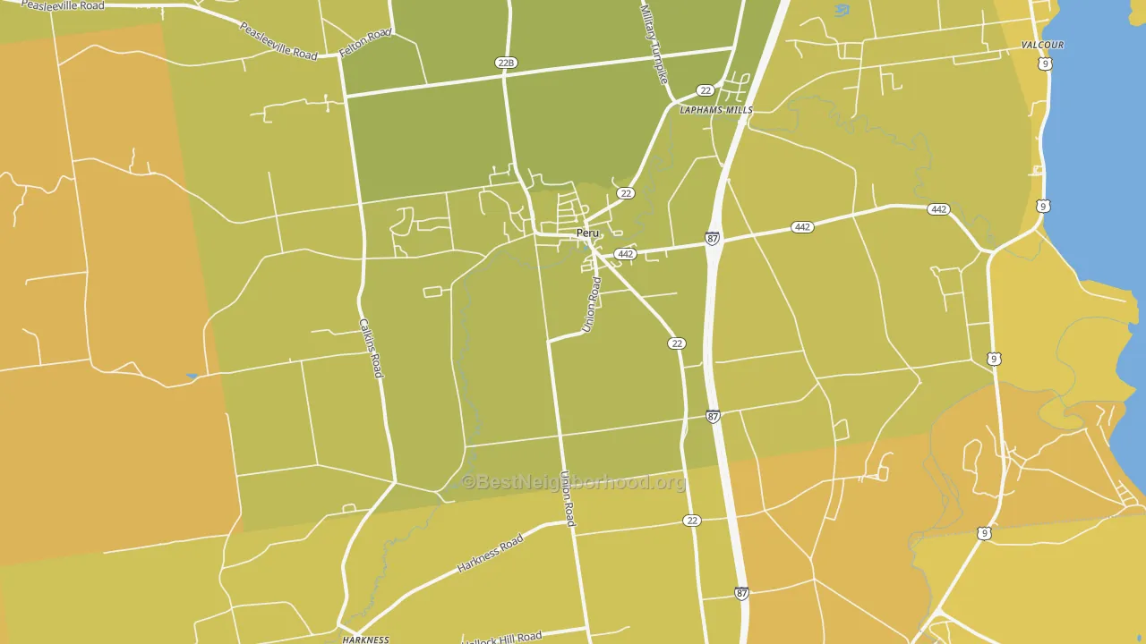 Map of the best neighborhoods in the Peru area, with better matches in green and worse matches in red