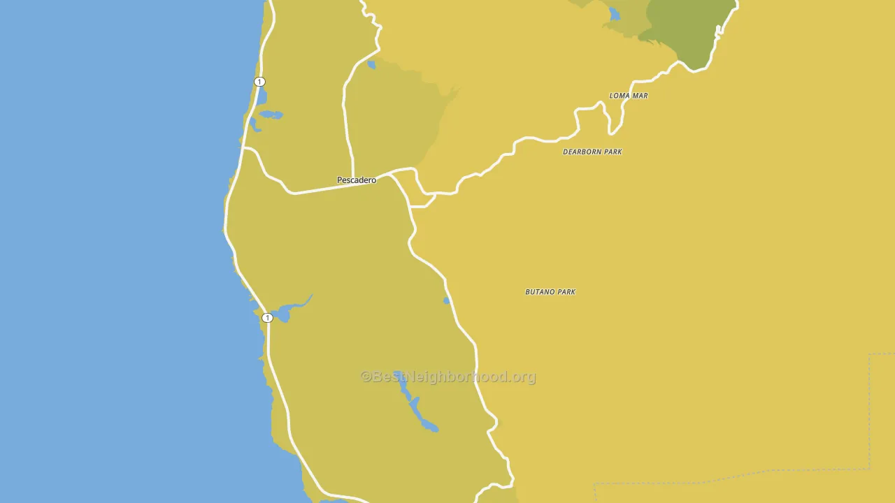 Map of the best neighborhoods in the Pescadero area, with better matches in green and worse matches in red