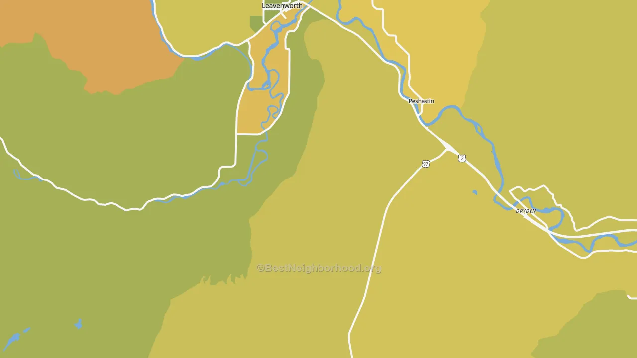 Map of the best neighborhoods in the Peshastin area, with better matches in green and worse matches in red