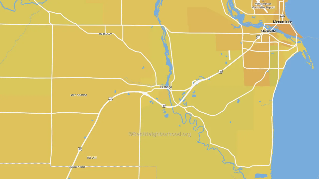 Map of the best neighborhoods in the Peshtigo area, with better matches in green and worse matches in red