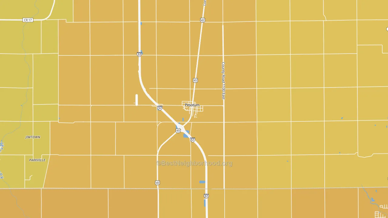 Map of the best neighborhoods in the Pesotum area, with better matches in green and worse matches in red