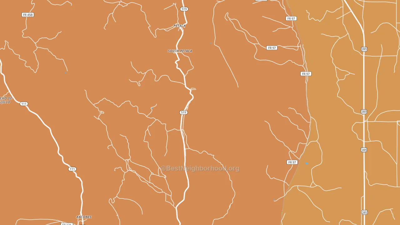 Map of the best neighborhoods in the Petaca area, with better matches in green and worse matches in red