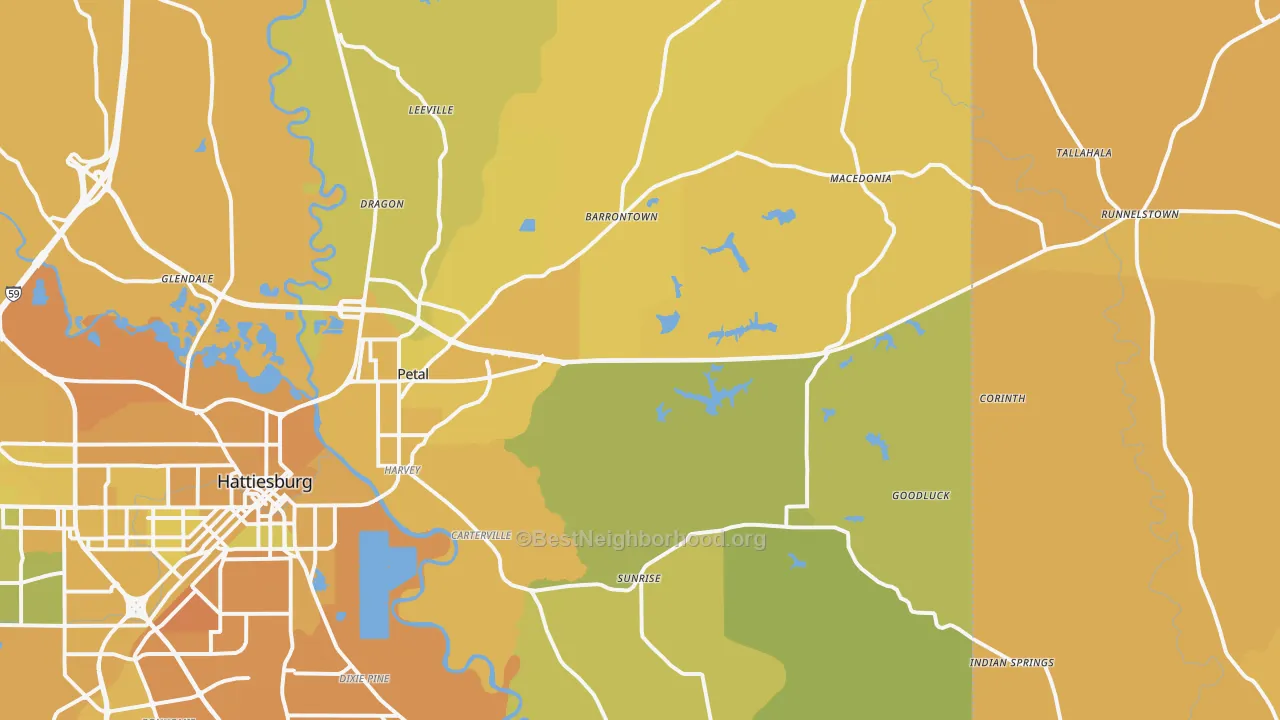 Map of the best neighborhoods in the Petal area, with better matches in green and worse matches in red