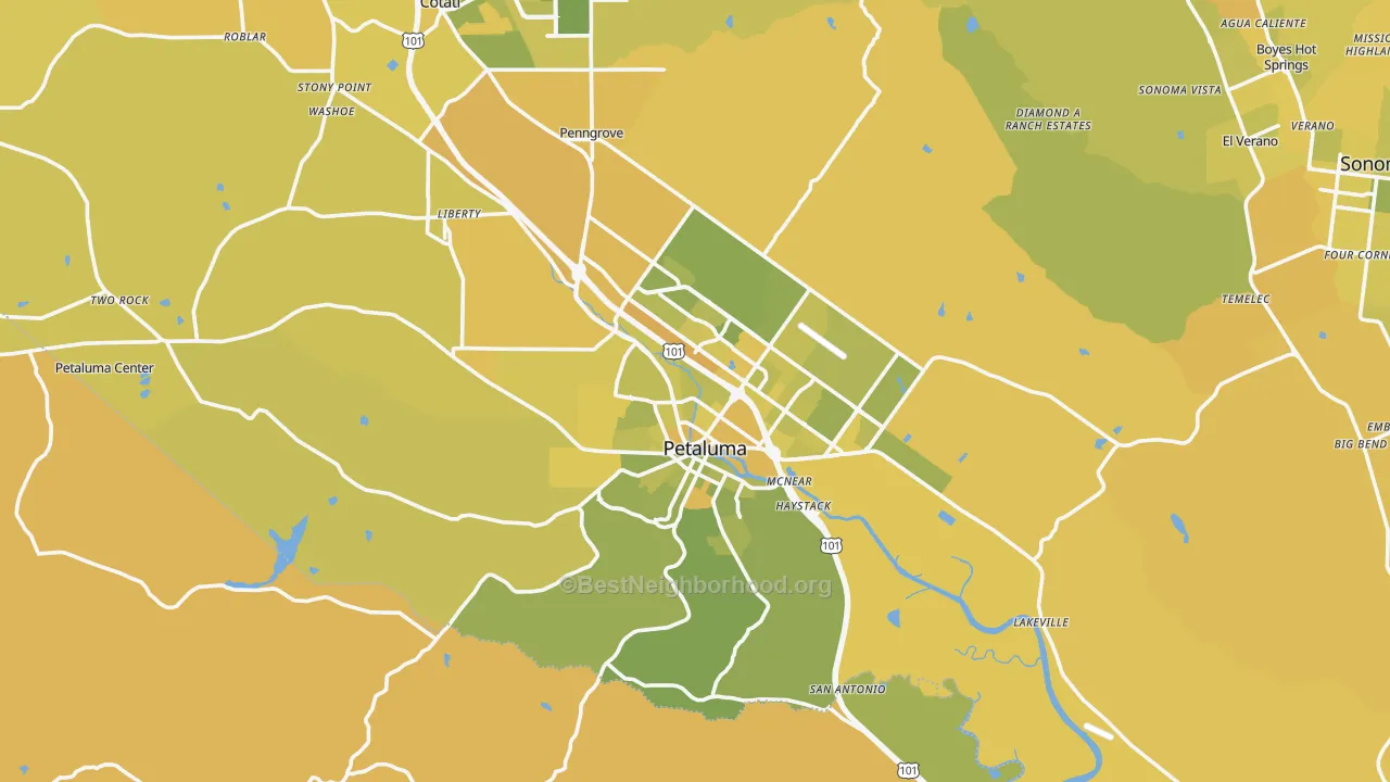 Map of the best neighborhoods in the Petaluma area, with better matches in green and worse matches in red