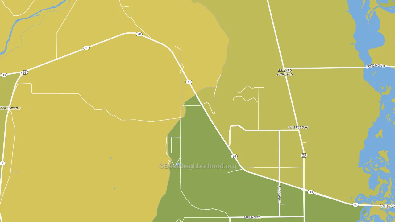 Map of the best neighborhoods in the Peter area, with better matches in green and worse matches in red