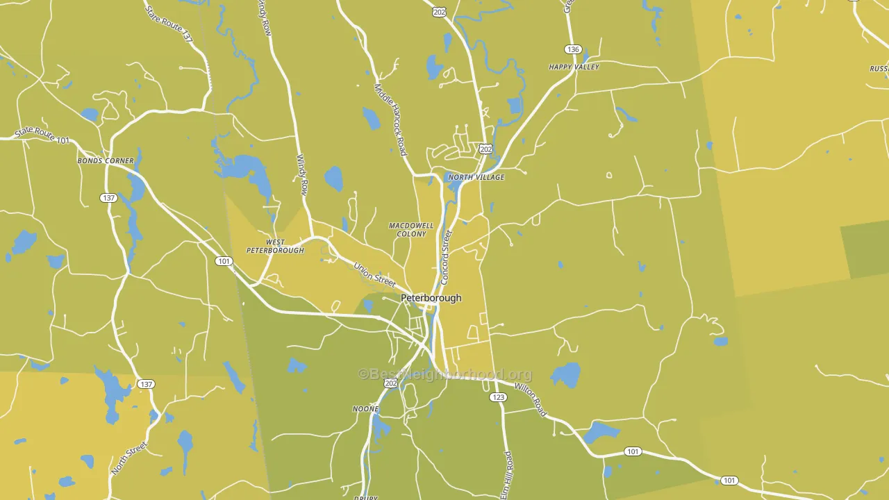 Map of the best neighborhoods in the Peterborough area, with better matches in green and worse matches in red
