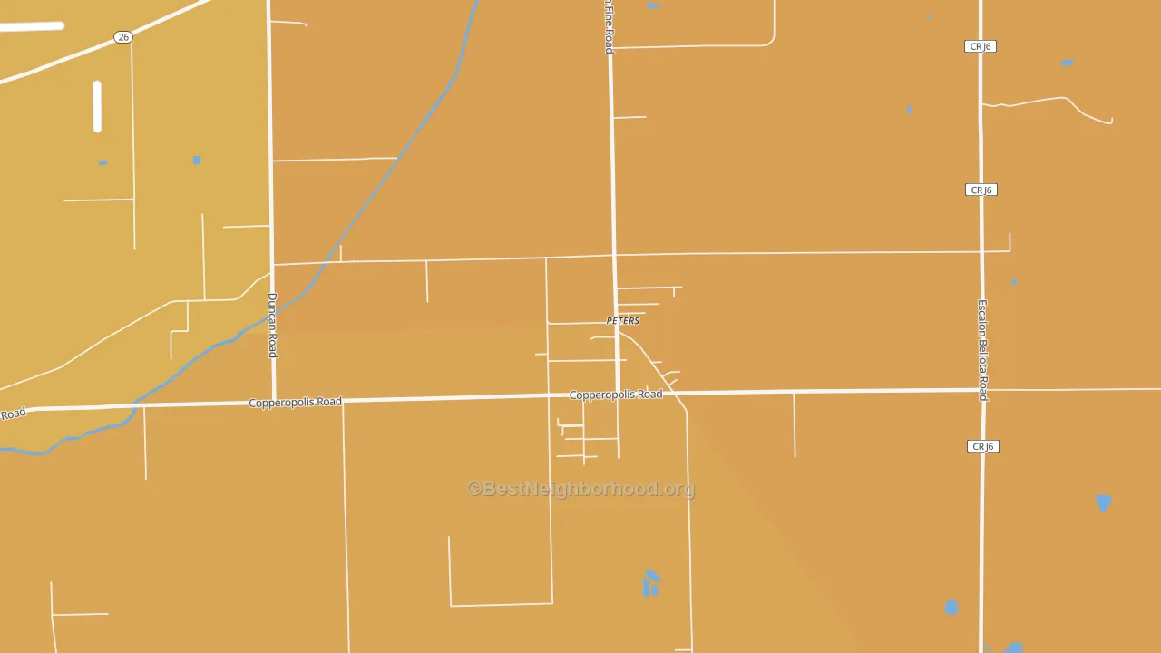 Map of the best neighborhoods in the Peters area, with better matches in green and worse matches in red