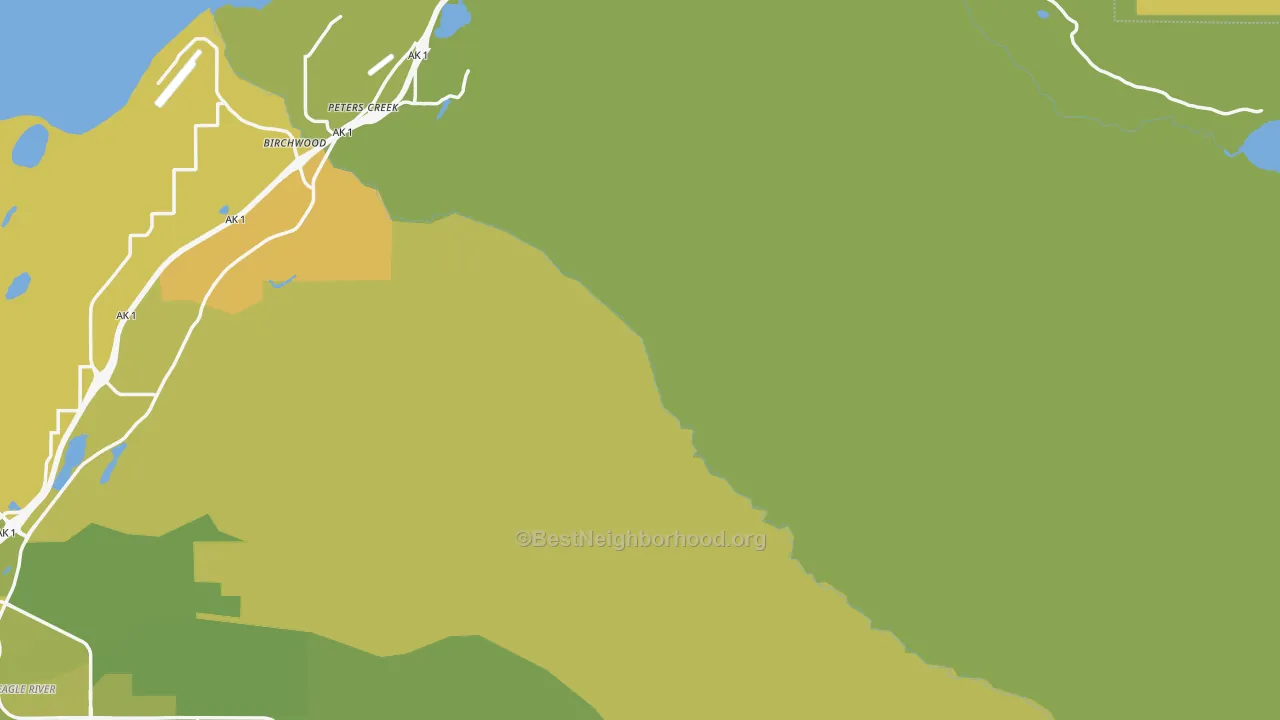 Map of the best neighborhoods in the Peters Creek area, with better matches in green and worse matches in red