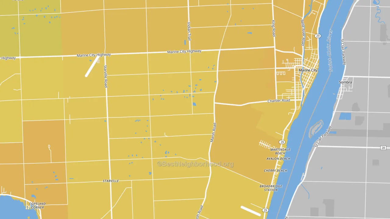 Map of the best neighborhoods in the Peters area, with better matches in green and worse matches in red