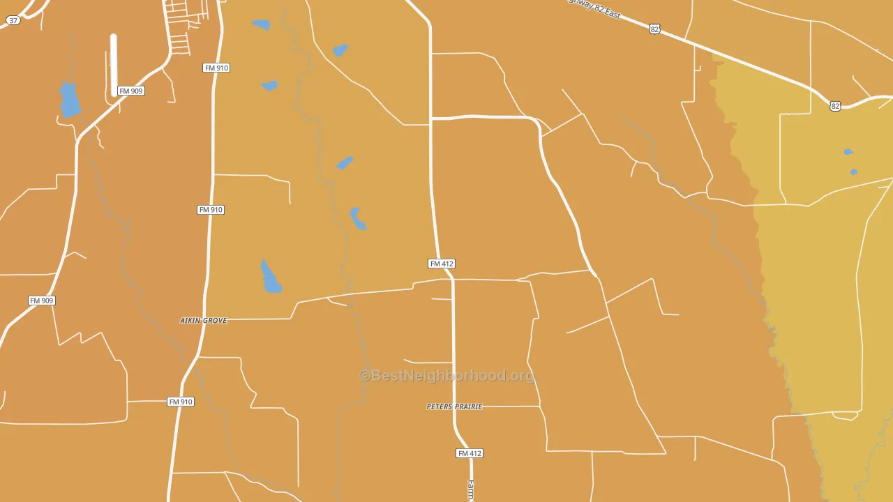 Map of the best neighborhoods in the Peters Prairie area, with better matches in green and worse matches in red