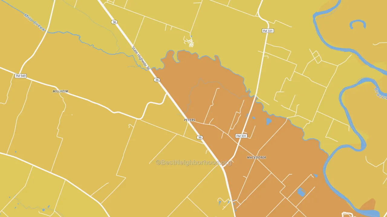 Map of the best neighborhoods in the Peters area, with better matches in green and worse matches in red