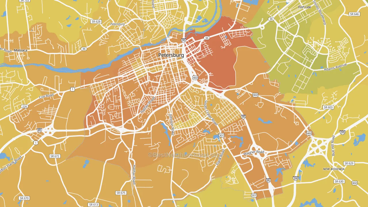 Map of the best neighborhoods in the Petersburg City area, with better matches in green and worse matches in red