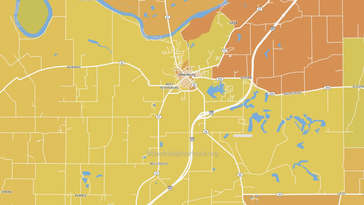Map of the best neighborhoods in the Petersburg area, with better matches in green and worse matches in red