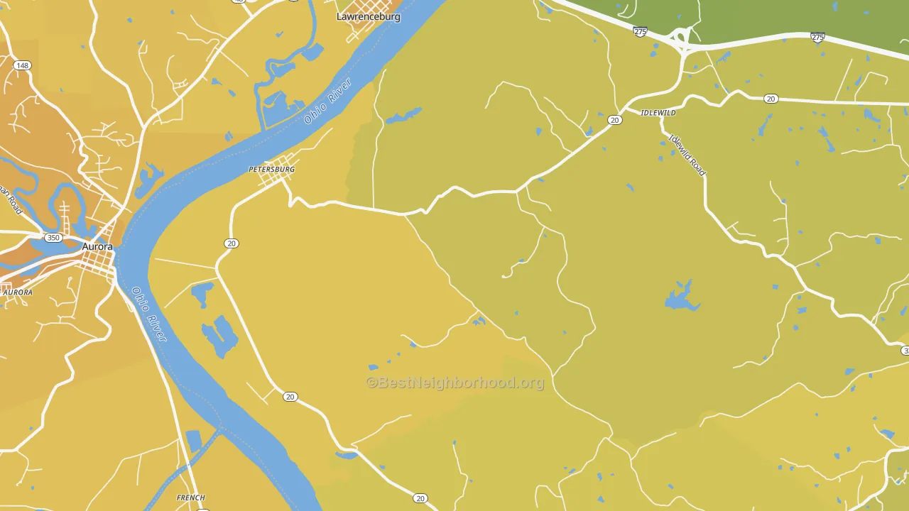Map of the best neighborhoods in the Petersburg area, with better matches in green and worse matches in red