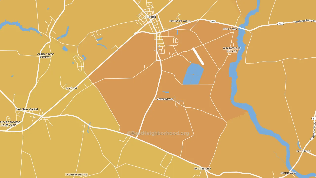 Map of the best neighborhoods in the Petersburg area, with better matches in green and worse matches in red