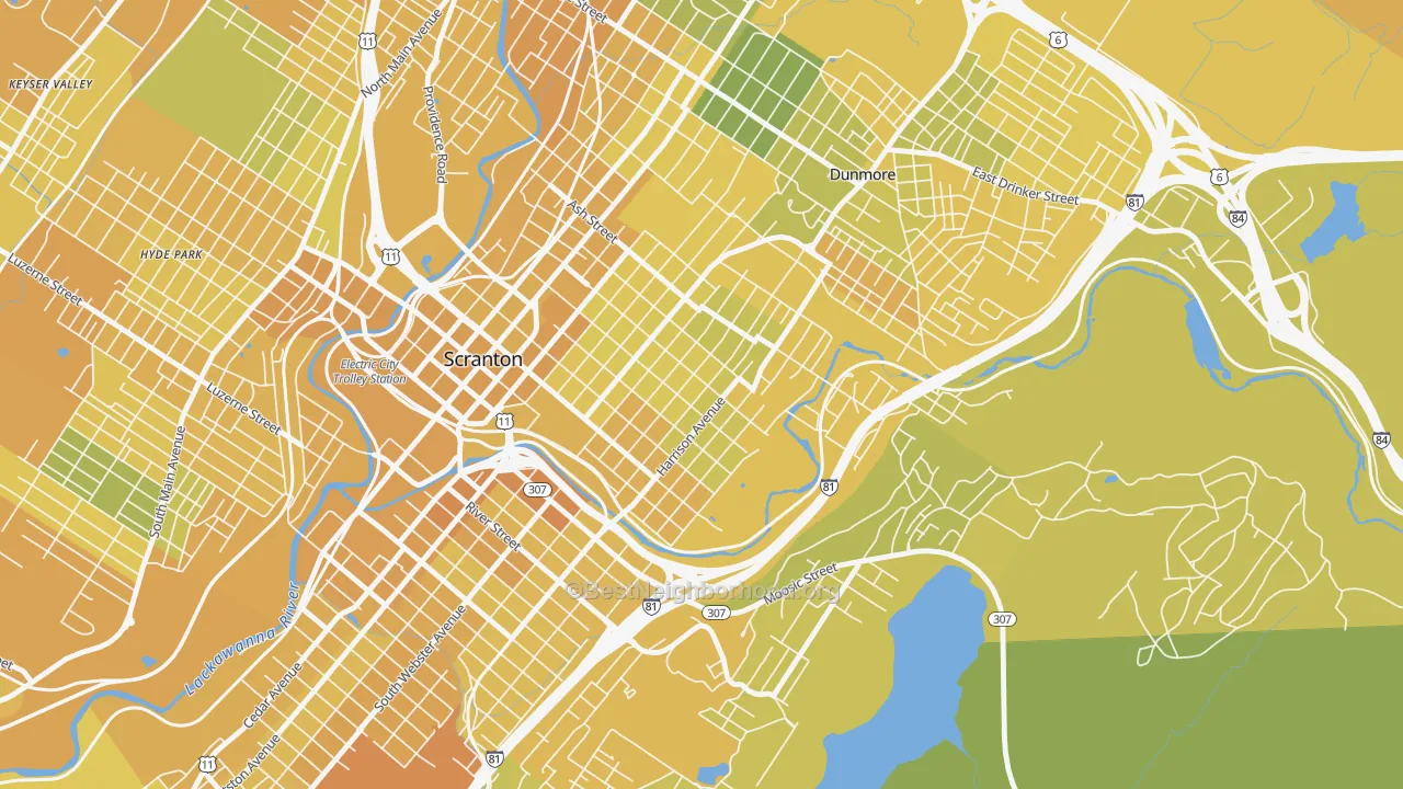 Map of the best neighborhoods in the Petersburg, Scranton area, with better matches in green and worse matches in red