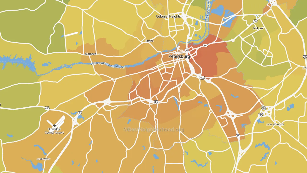 Map of the best neighborhoods in the Petersburg area, with better matches in green and worse matches in red