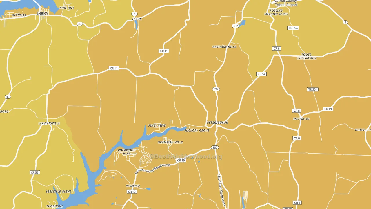 Map of the best neighborhoods in the Petersburgh area, with better matches in green and worse matches in red